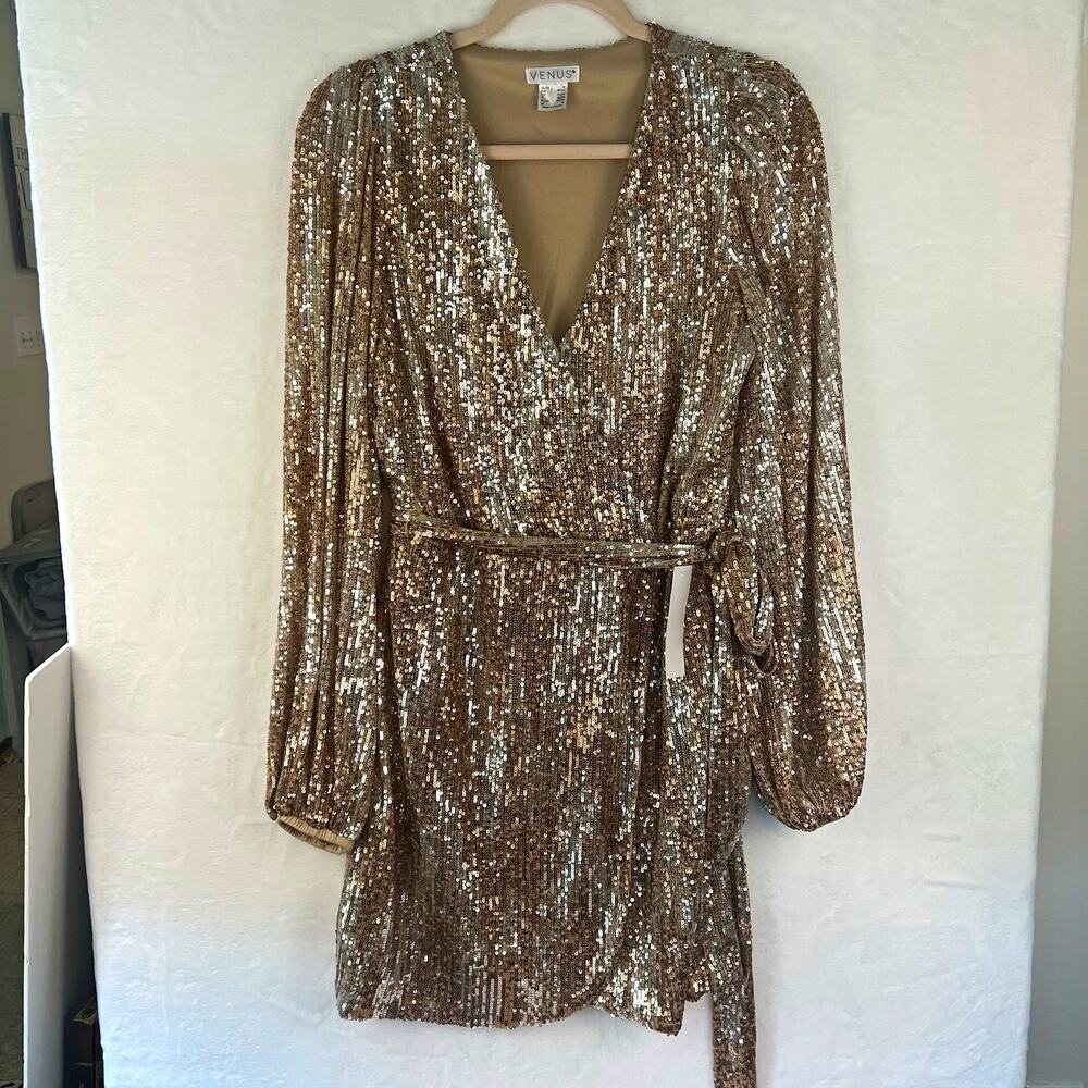 NWT VENUS Sequin Wrap Mini Dress Women M Champagne Gold Cocktail Party Holiday